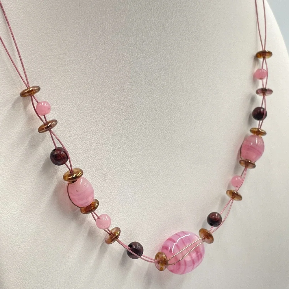 Vintage Y2K Pink Glass Illusion Necklace Floating Beaded Cord Mixed Stone Boho